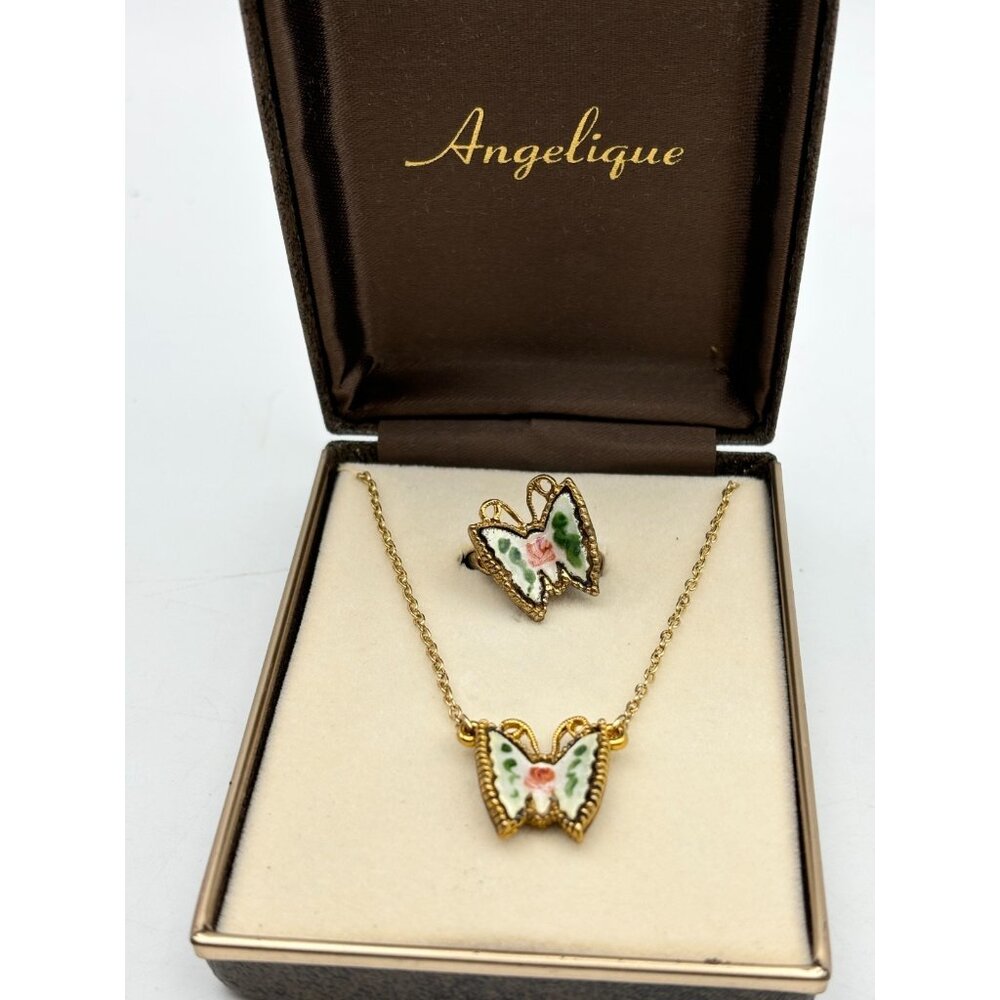 1970s Butterfly Enamel Necklace - Ring by Angelique-NOS MCM RARE White